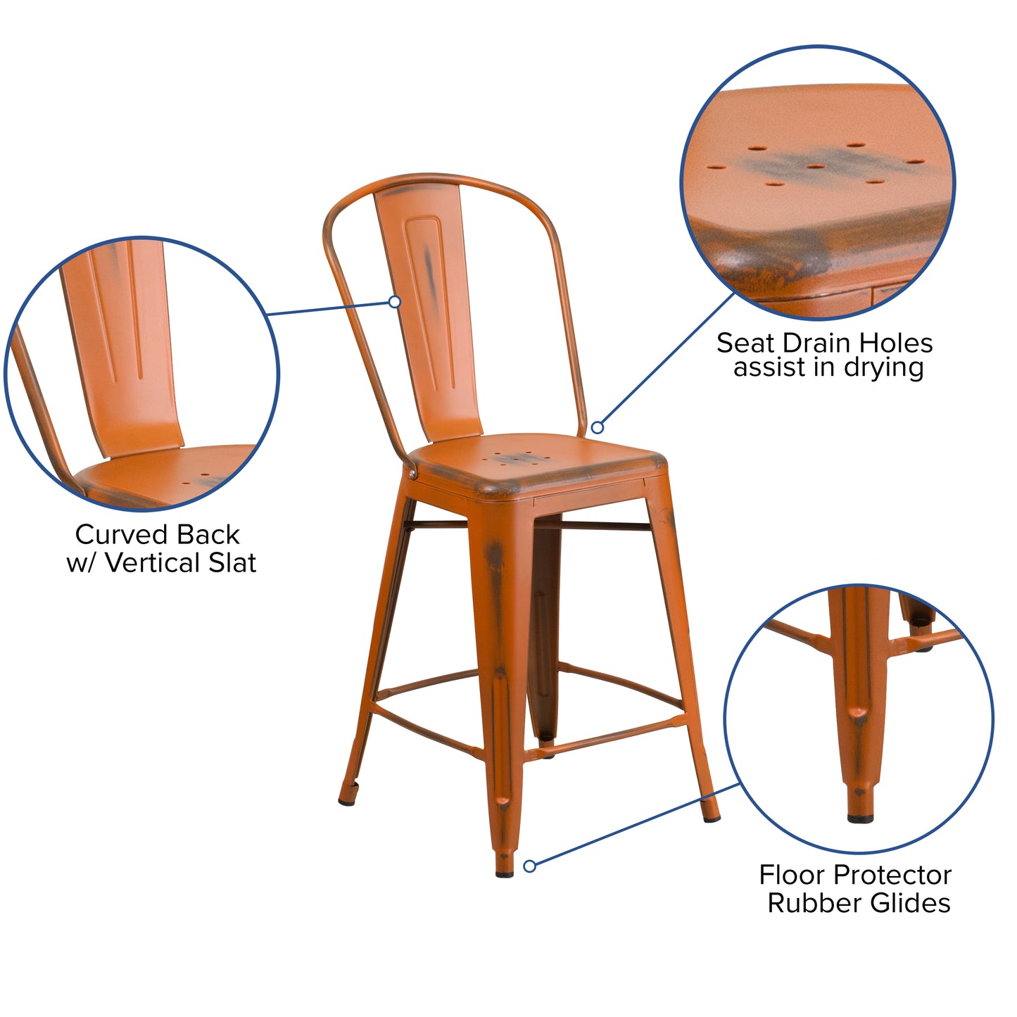 Distressed Orange Metal Stool ET-3534-24-OR-GG