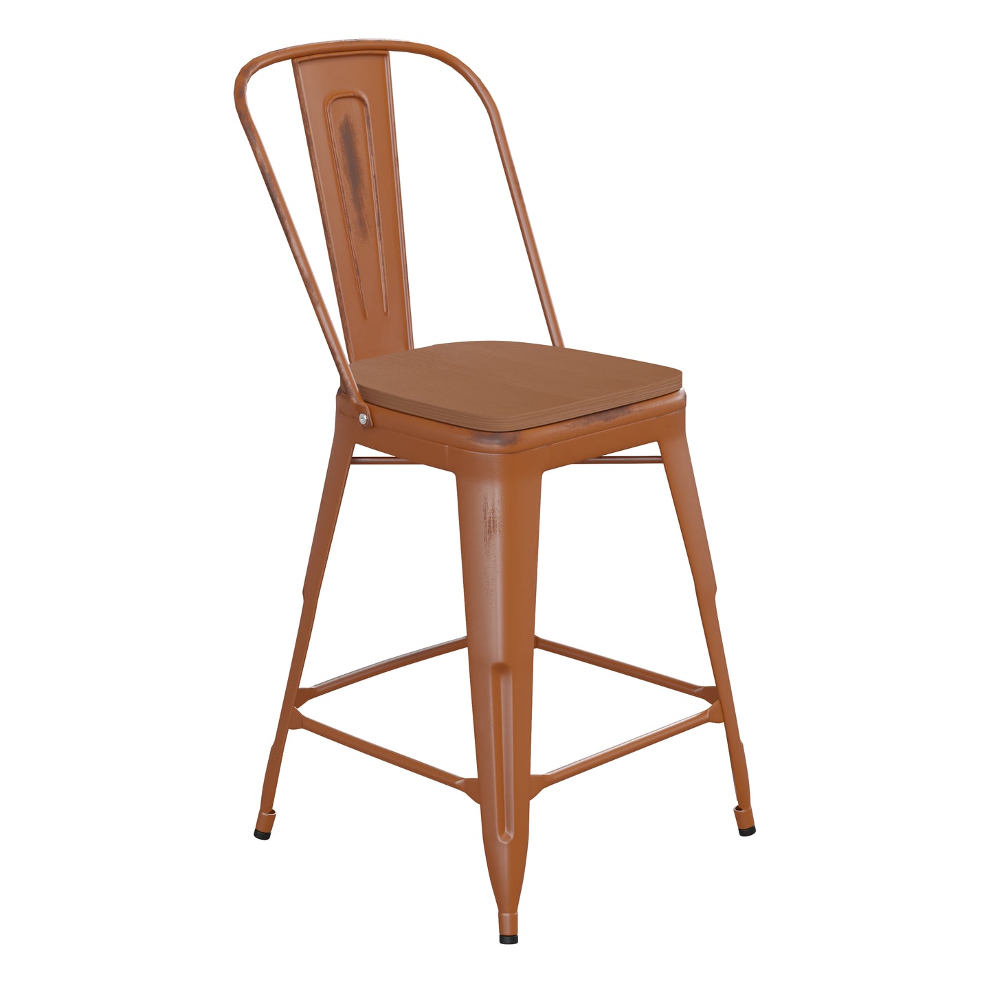 Orange Metal Stool-Teak Seat ET-3534-24-OR-PL1T-GG