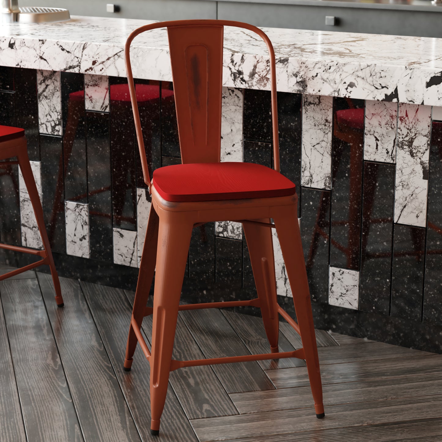 Red Metal Stool-Red Seat ET-3534-24-RD-PL1R-GG