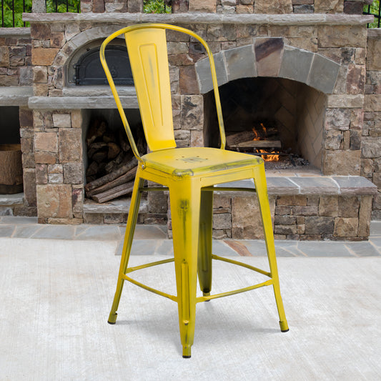 Distressed Yellow Metal Stool ET-3534-24-YL-GG