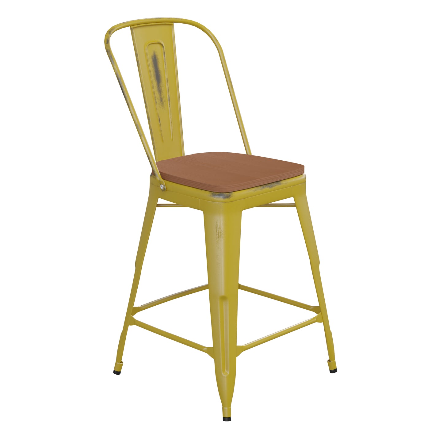 Yellow Metal Stool-Teak Seat ET-3534-24-YL-PL1T-GG