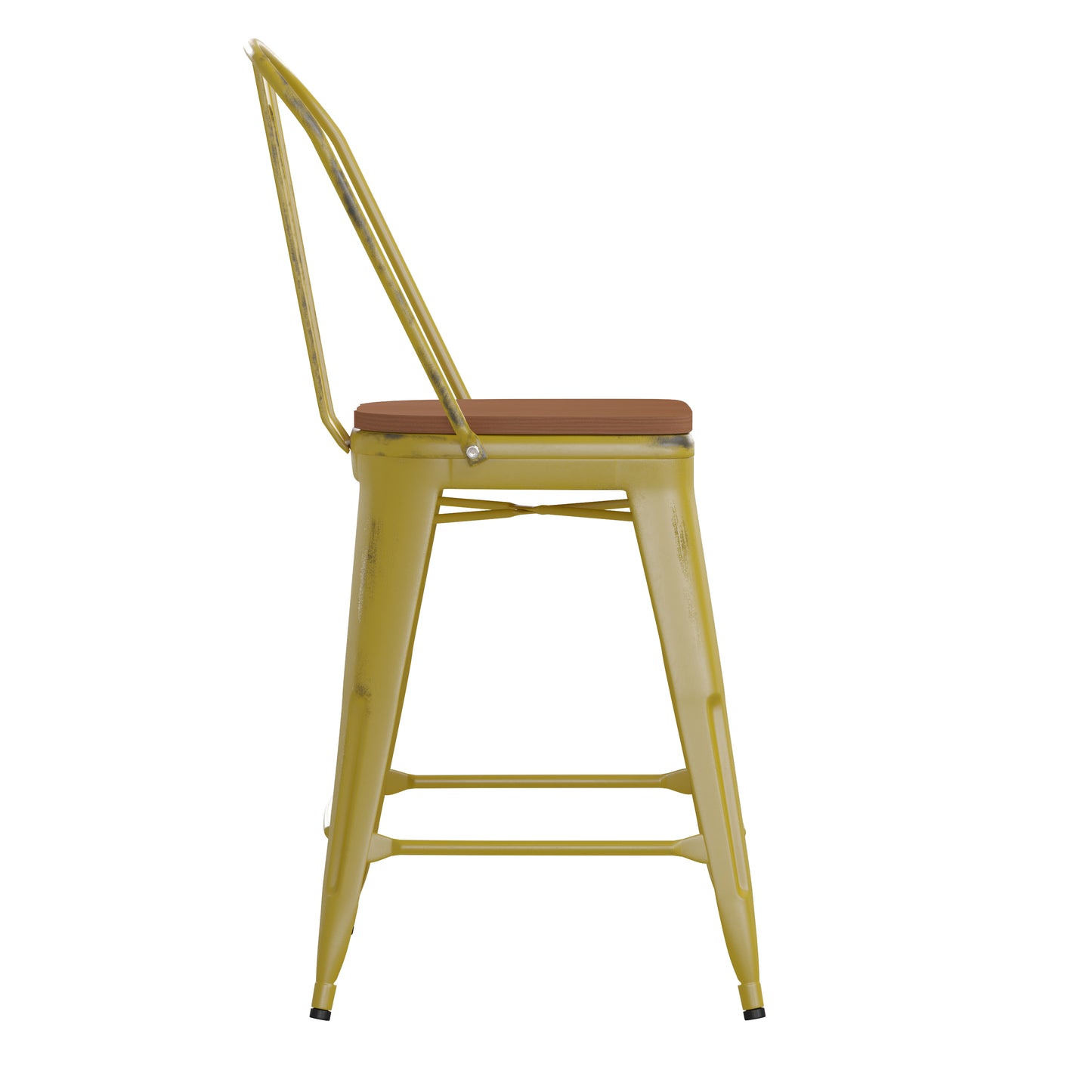 Yellow Metal Stool-Teak Seat ET-3534-24-YL-PL1T-GG