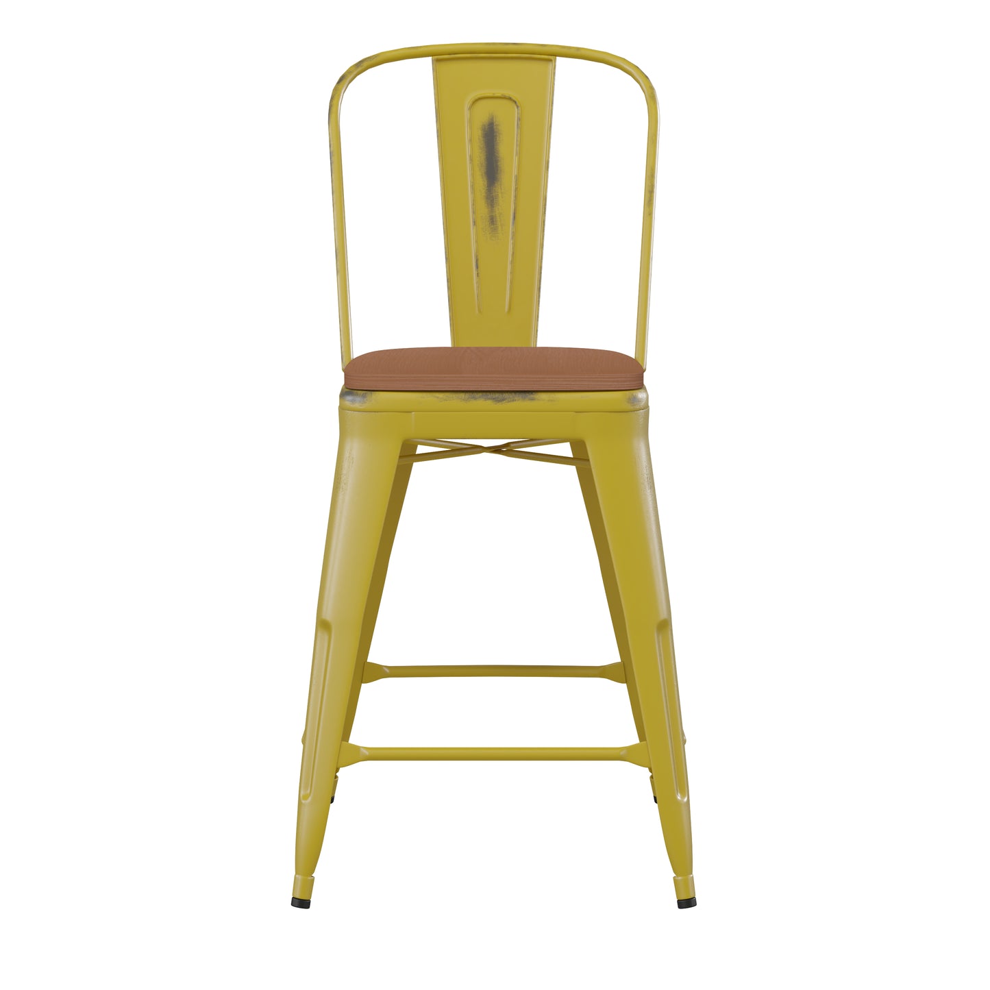 Yellow Metal Stool-Teak Seat ET-3534-24-YL-PL1T-GG