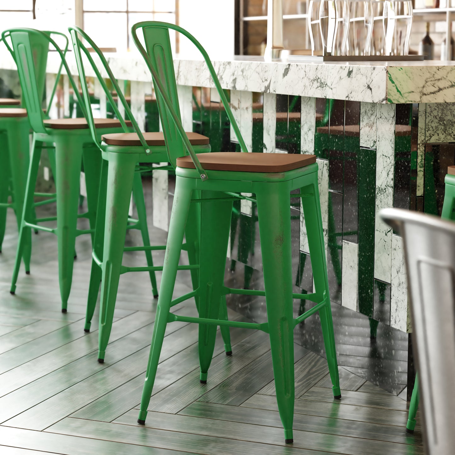 Green Metal Stool-Teak Seat ET-3534-30-GN-PL1T-GG