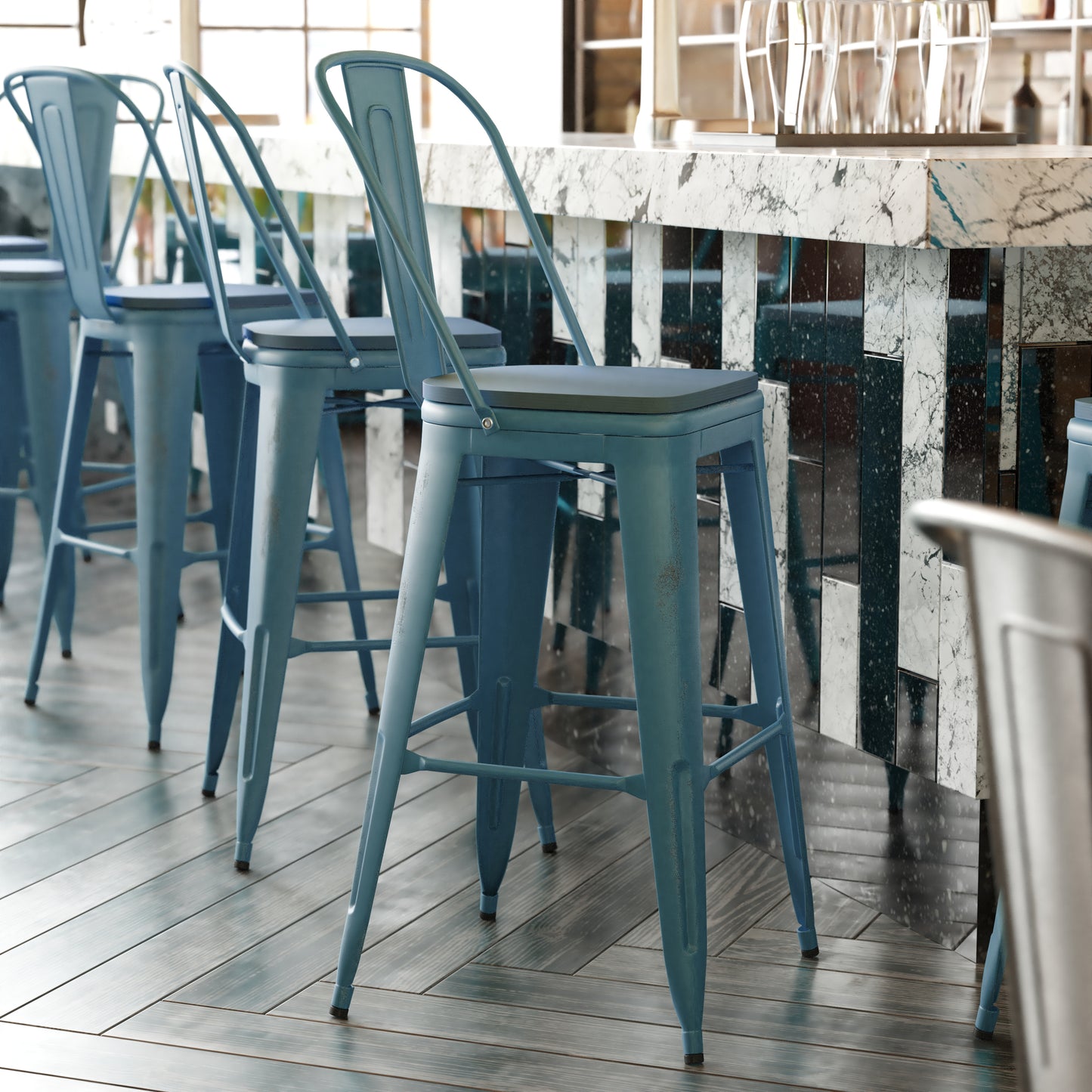 Blue-Tl Metal Stool-Teal Seat ET-3534-30-KB-PL1C-GG