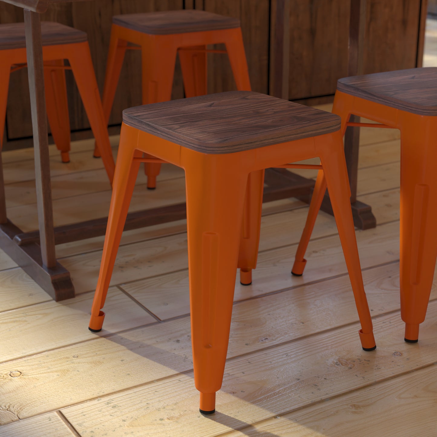 4PK Orange Stool-Wood Seat ET-BT3503-18-ORG-WD-GG