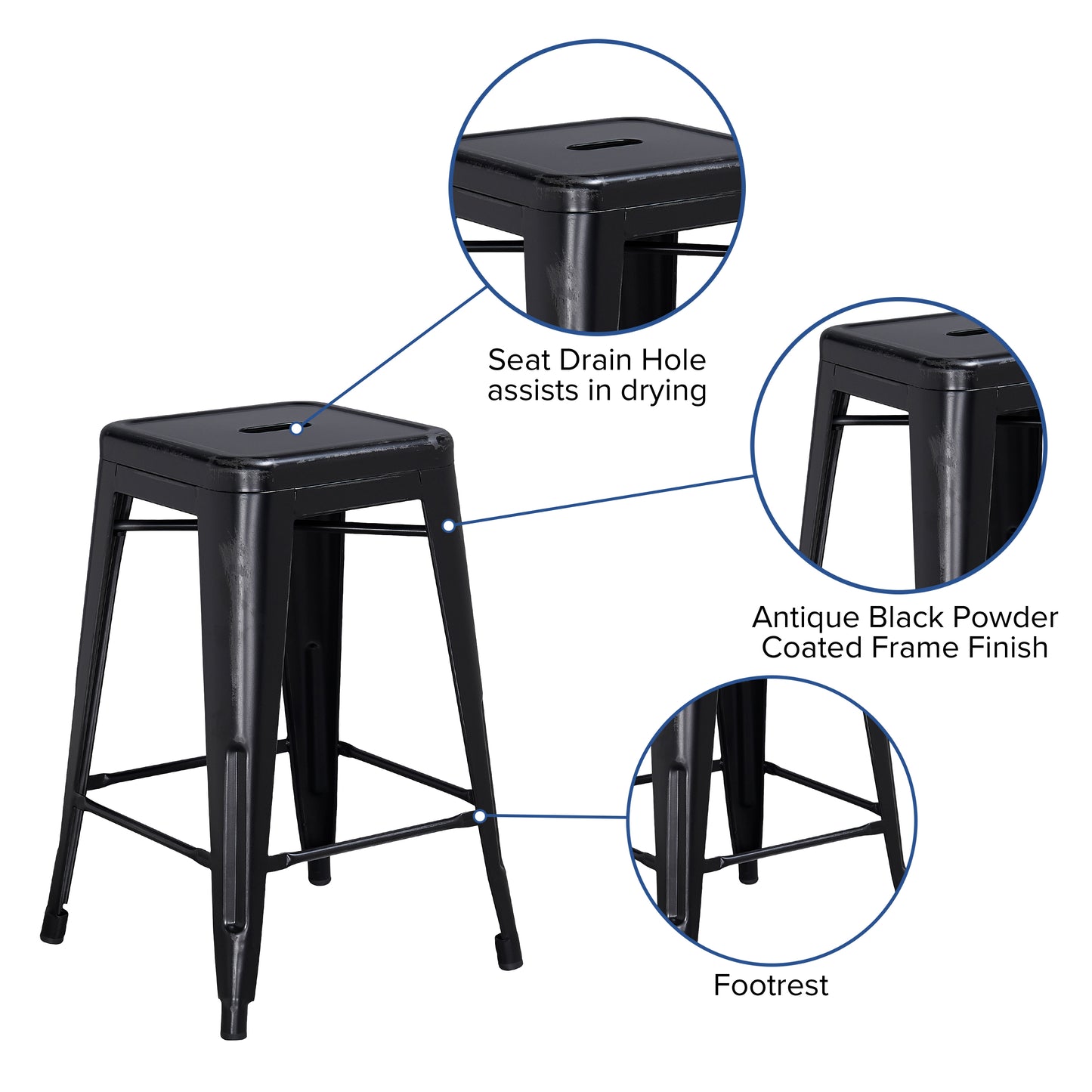 Distressed Black Metal Stool ET-BT3503-24-BK-GG