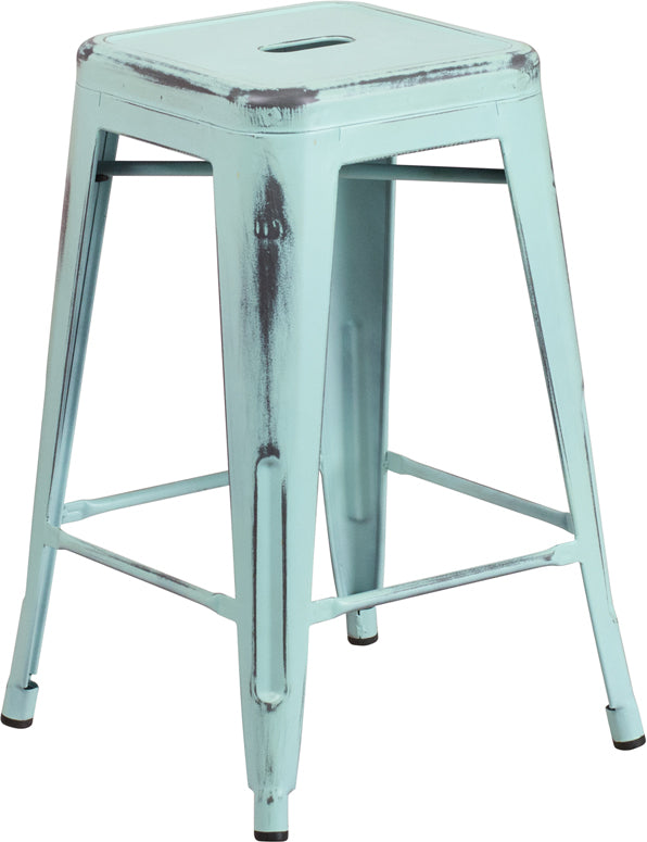 Distressed Gn-Blue Metal Stool ET-BT3503-24-DB-GG