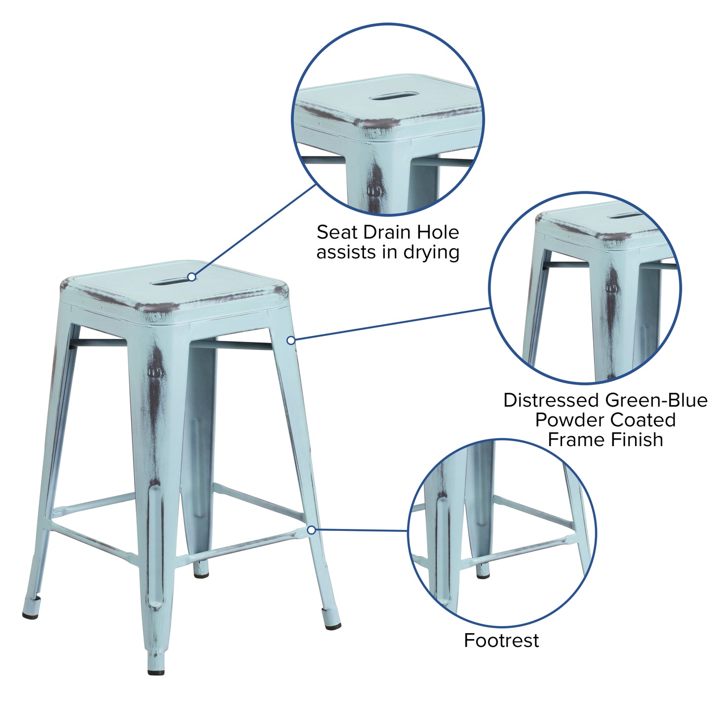 Distressed Gn-Blue Metal Stool ET-BT3503-24-DB-GG