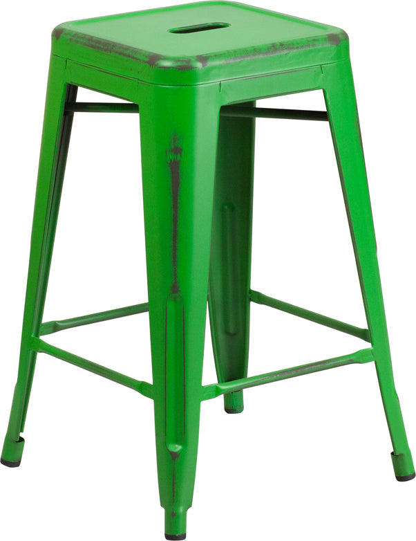 Distressed Green Metal Stool ET-BT3503-24-GN-GG