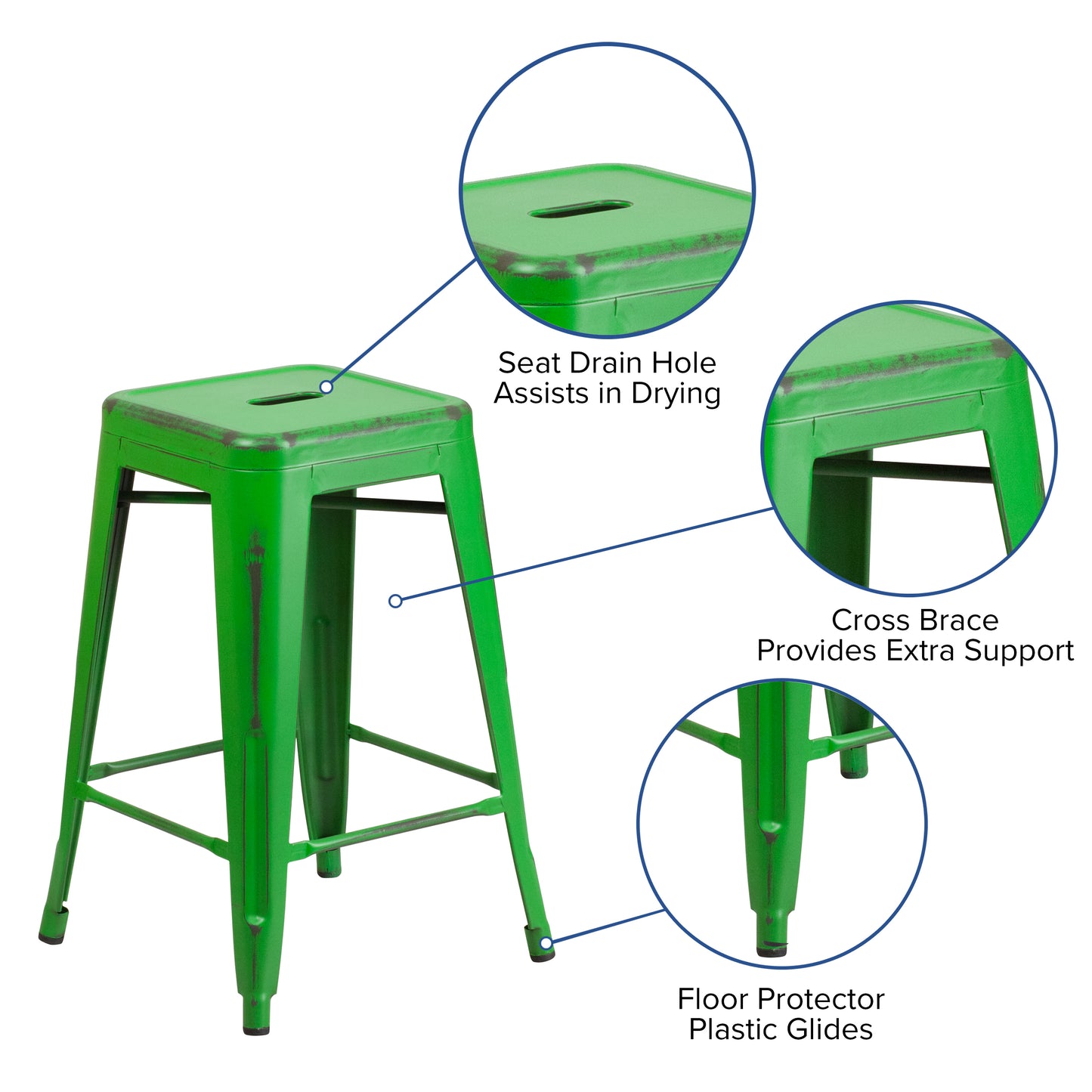 Distressed Green Metal Stool ET-BT3503-24-GN-GG