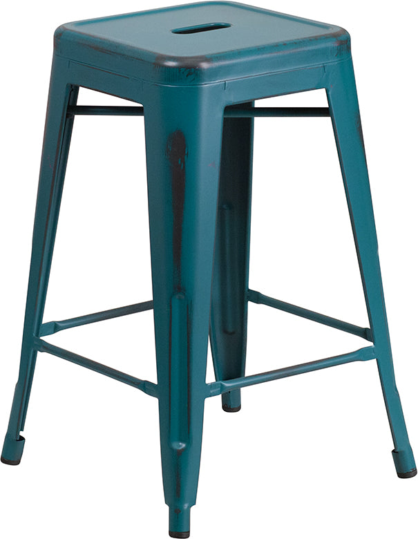 Distressed Blue-TL Metal Stool ET-BT3503-24-KB-GG