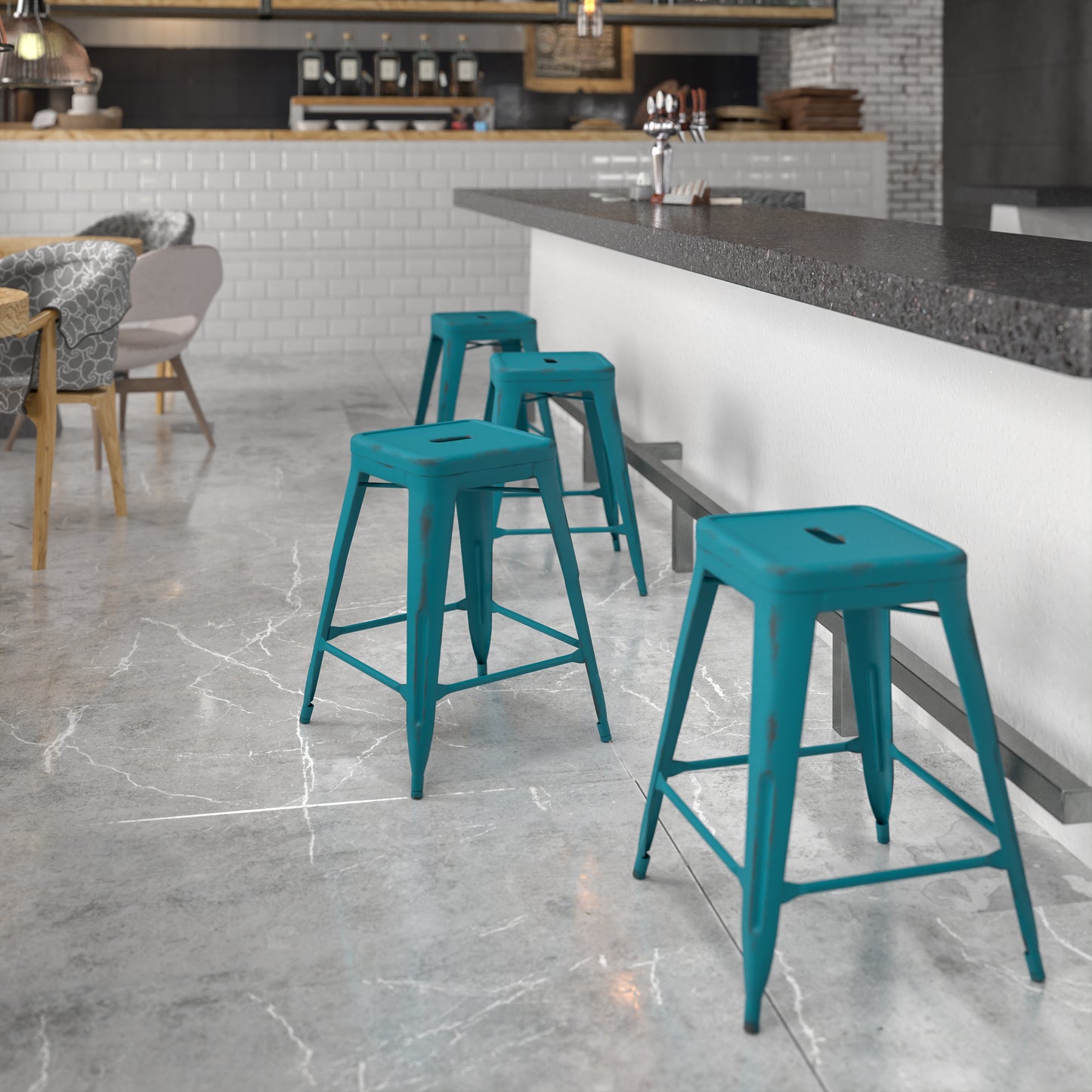 Distressed Blue-TL Metal Stool ET-BT3503-24-KB-GG