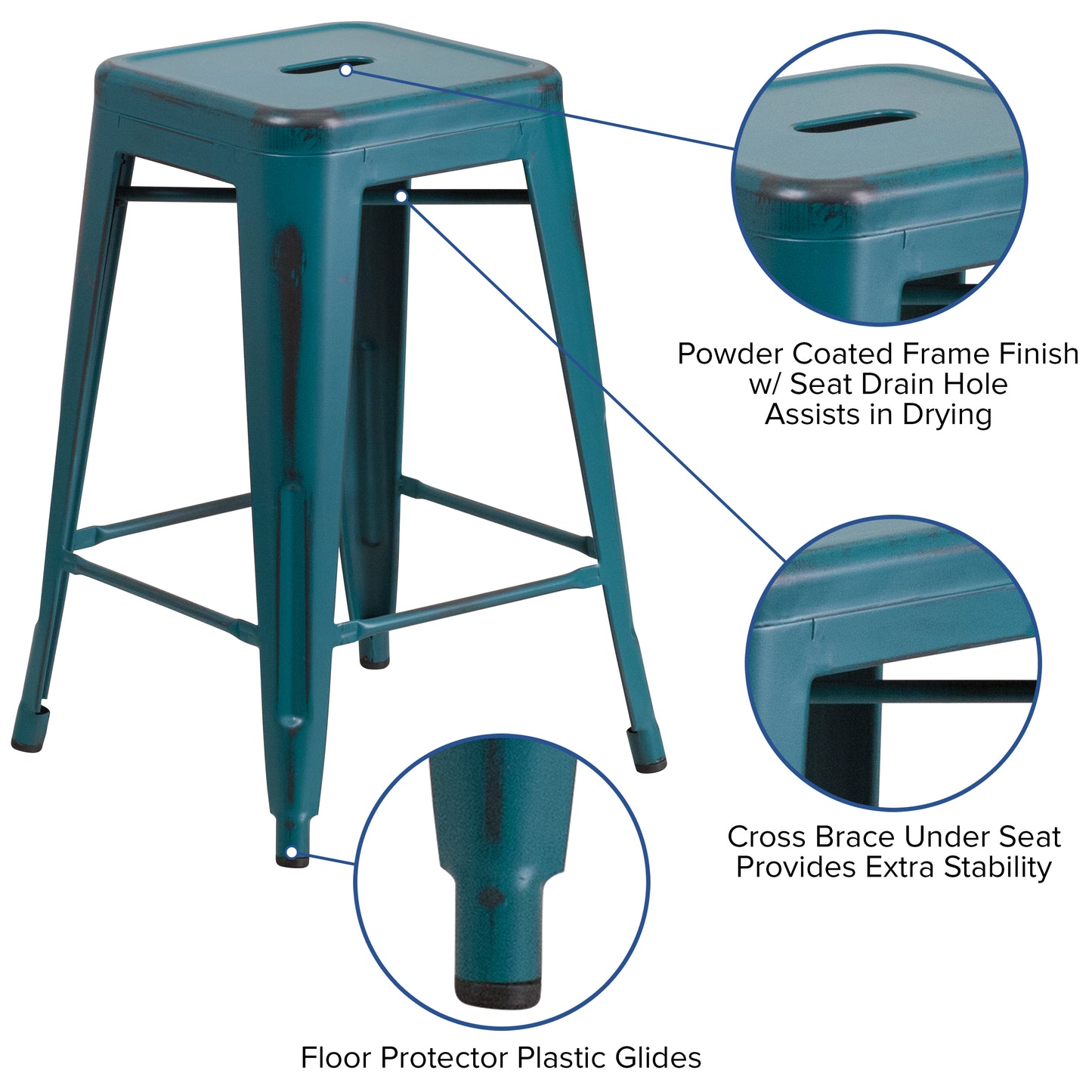 Distressed Blue-TL Metal Stool ET-BT3503-24-KB-GG