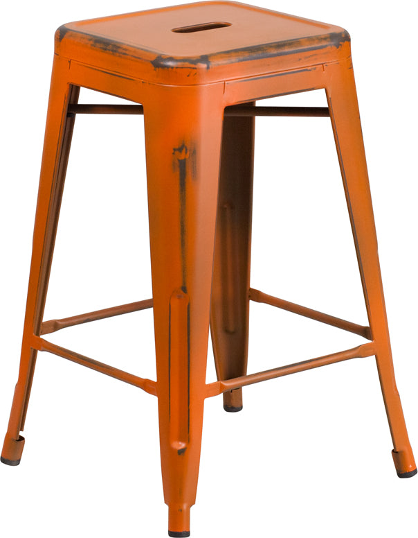 Distressed Orange Metal Stool ET-BT3503-24-OR-GG