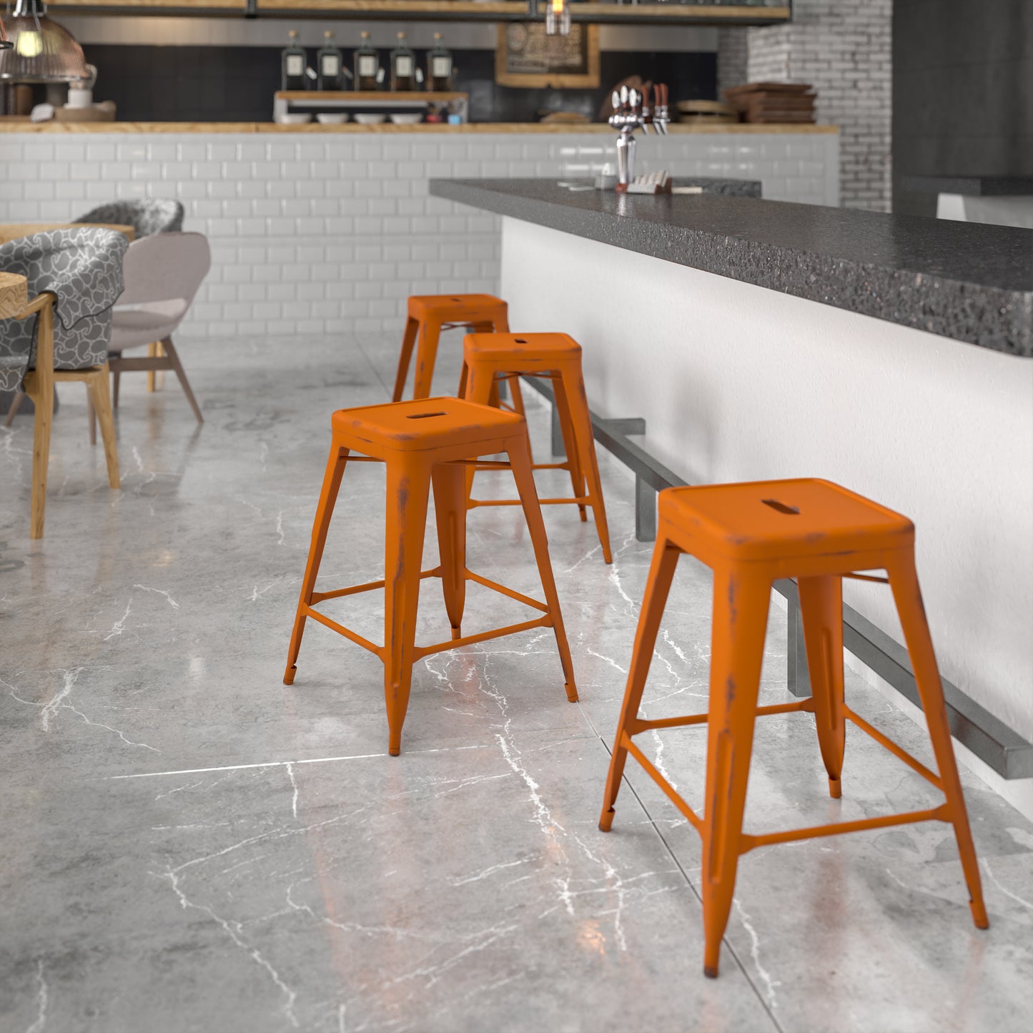 Distressed Orange Metal Stool ET-BT3503-24-OR-GG