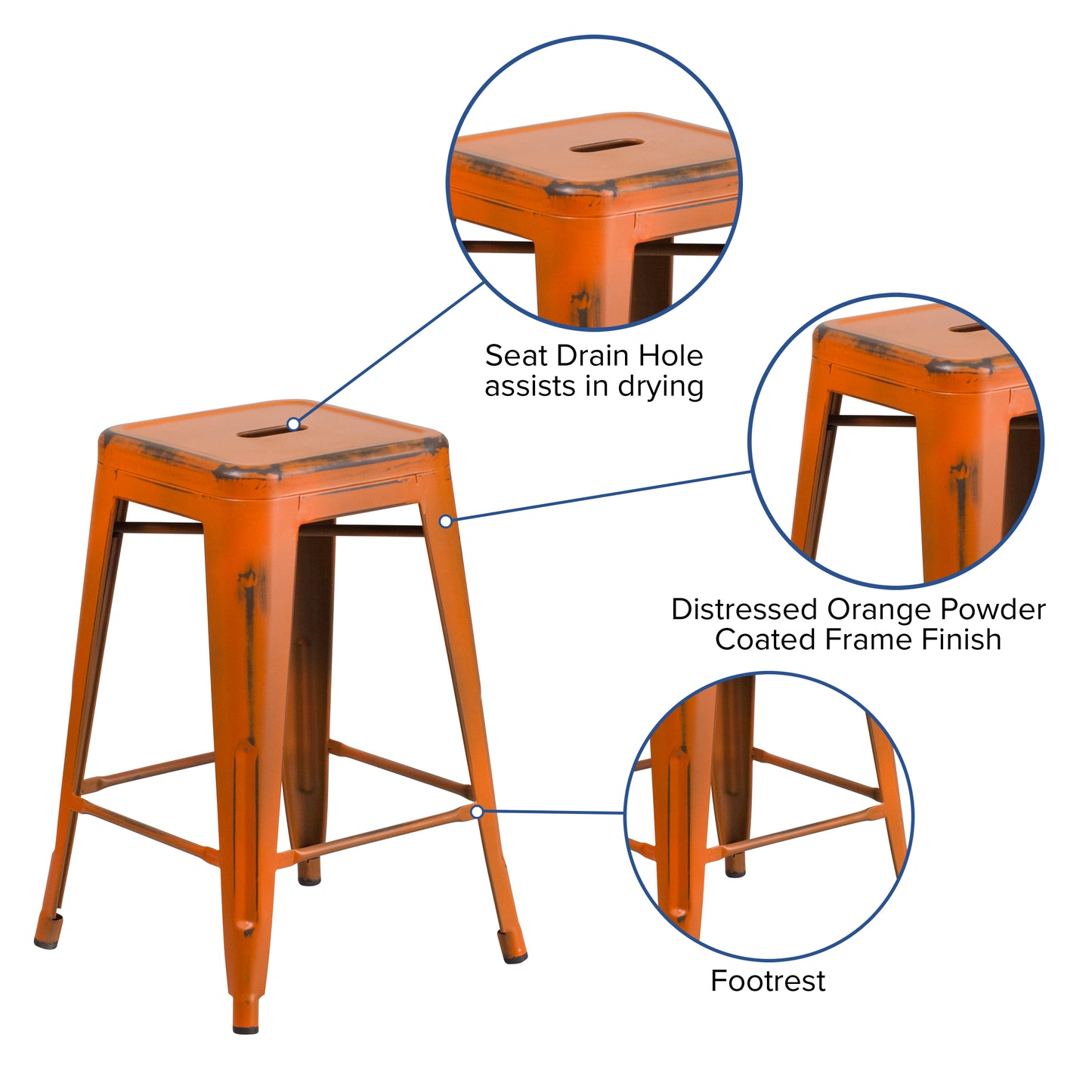 Distressed Orange Metal Stool ET-BT3503-24-OR-GG