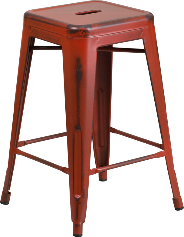 Distressed Red Metal Stool ET-BT3503-24-RD-GG