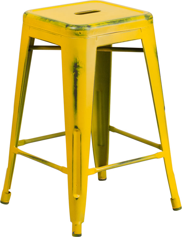 Distressed Yellow Metal Stool ET-BT3503-24-YL-GG