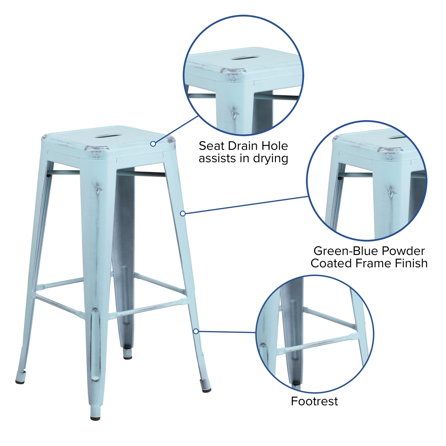 Distressed Gn-Blue Metal Stool ET-BT3503-30-DB-GG