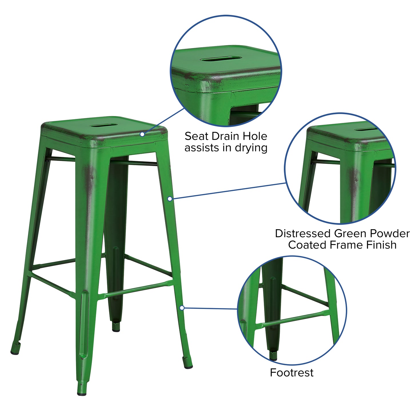 Distressed Green Metal Stool ET-BT3503-30-GN-GG