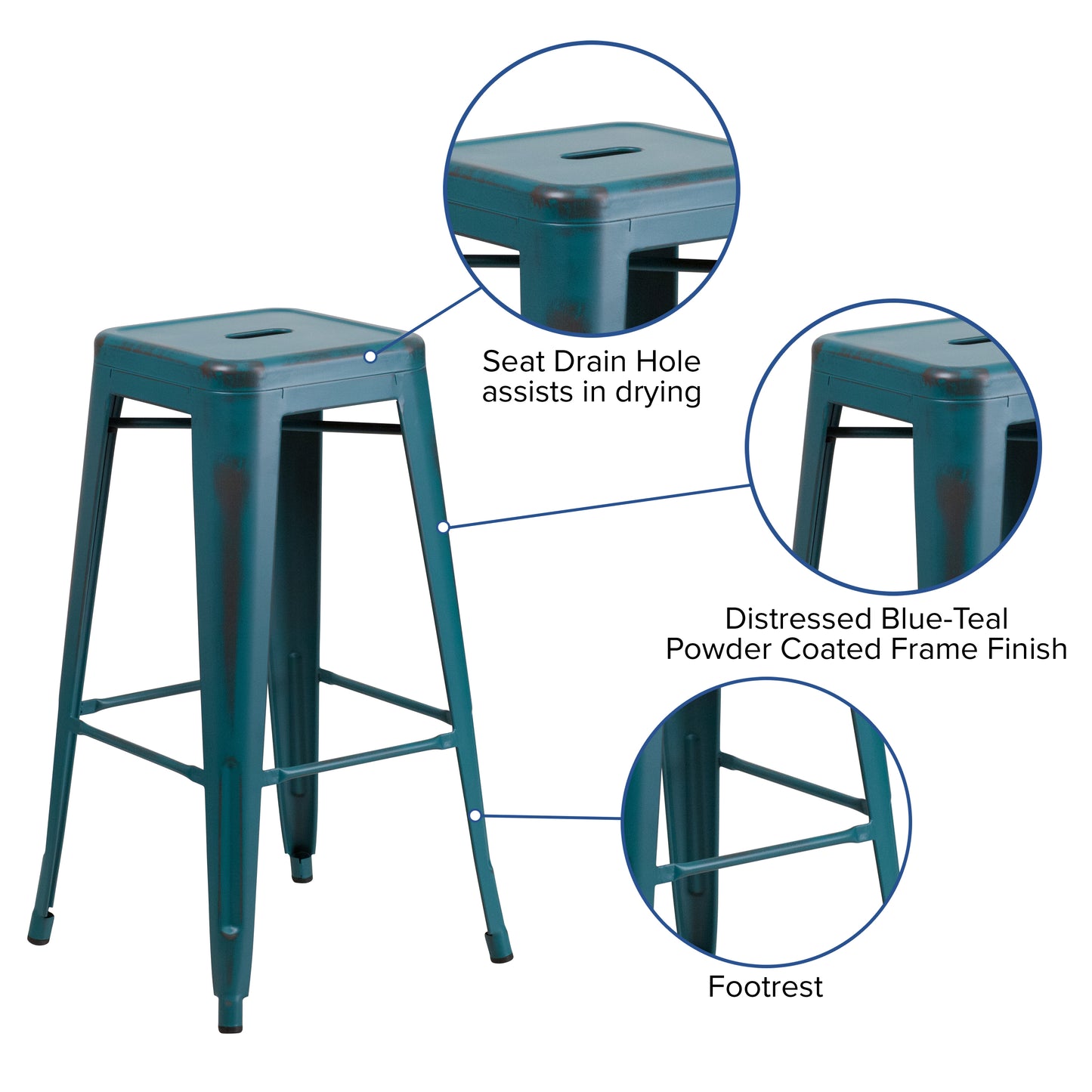 Distressed Blue-TL Metal Stool ET-BT3503-30-KB-GG