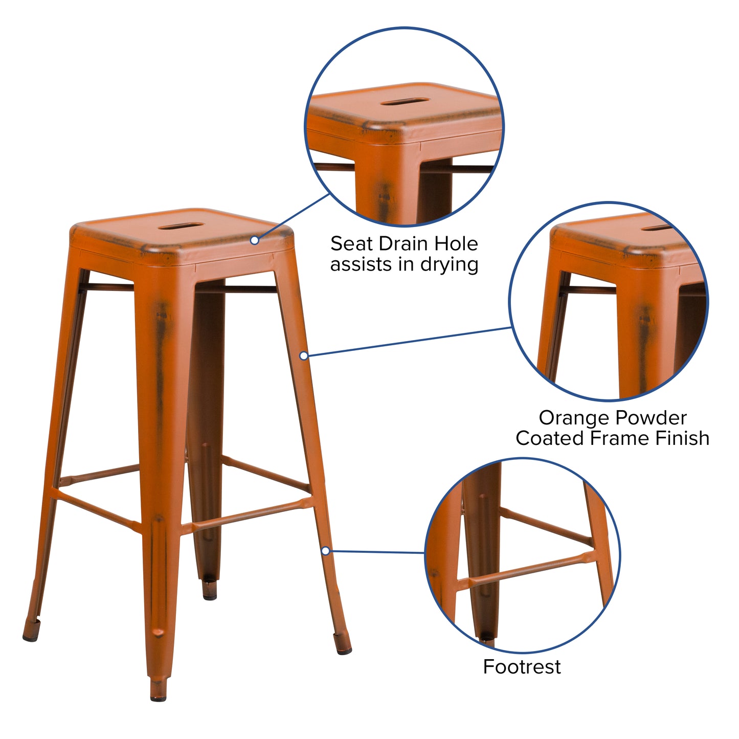 Distressed Orange Metal Stool ET-BT3503-30-OR-GG