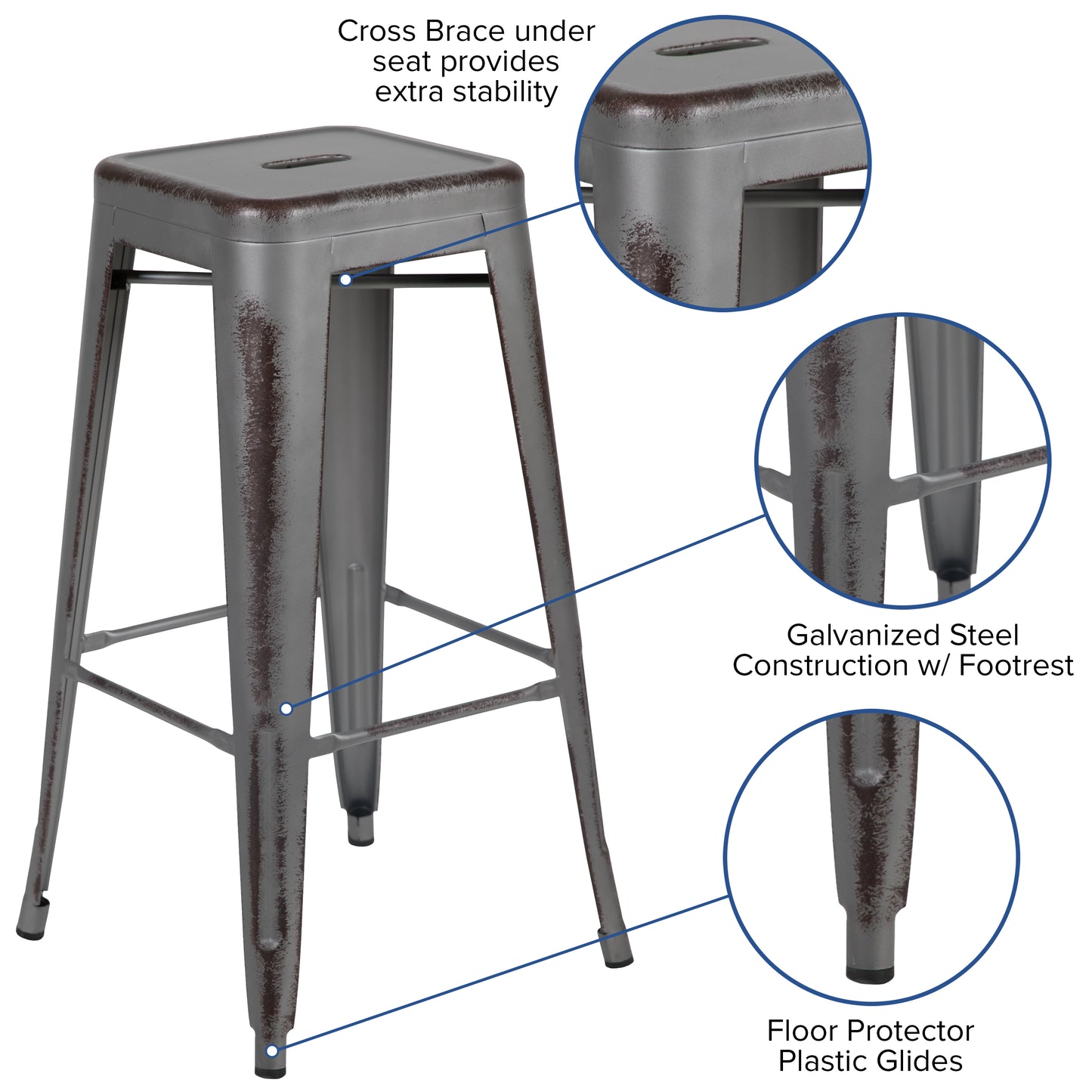 30"H Distressed Silver Stool ET-BT3503-30-SIL-GG