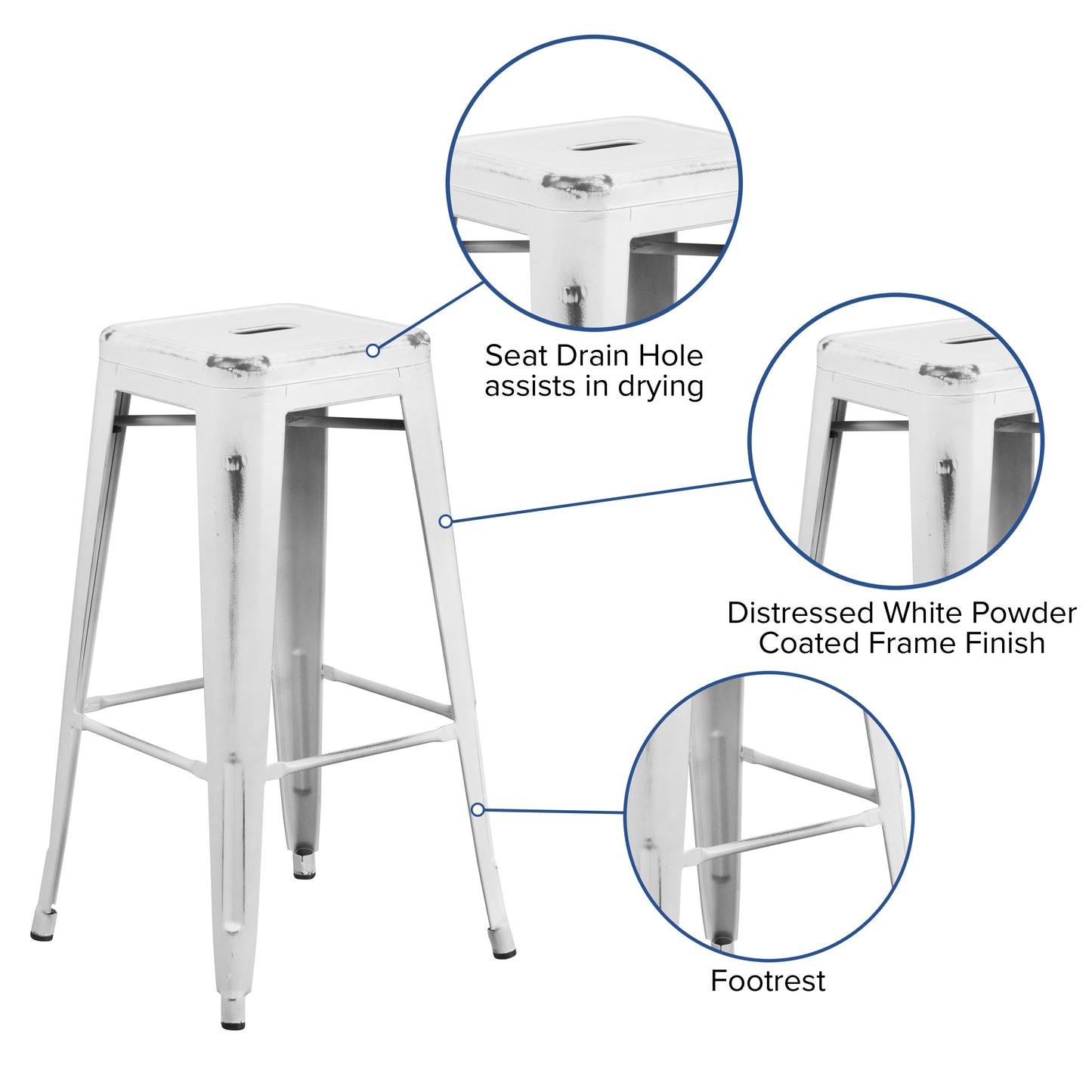 Distressed White Metal Stool ET-BT3503-30-WH-GG