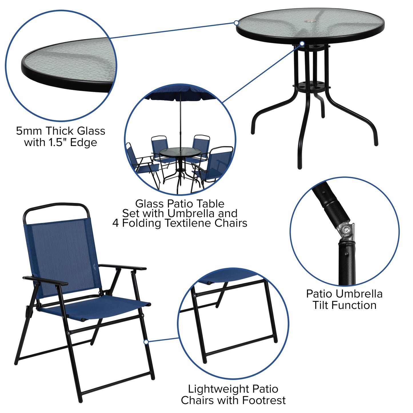 6PC Navy Patio Set & Umbrella GM-202012-NV-GG