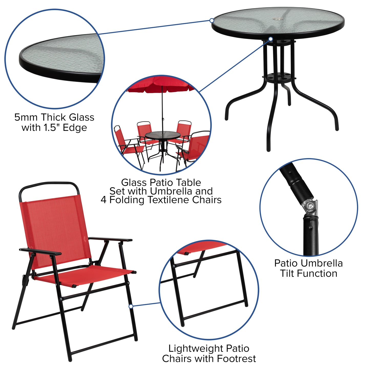 6PC Red Patio Set & Umbrella GM-202012-RD-GG