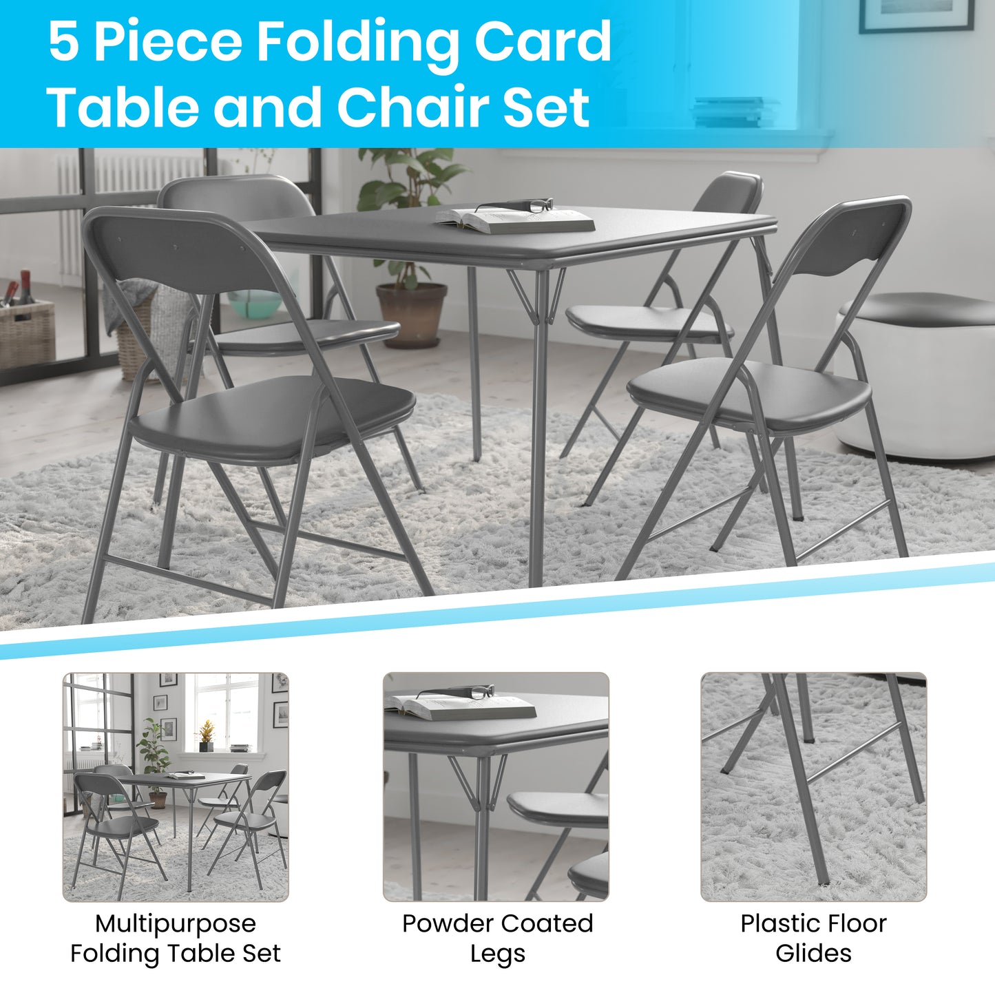 5PC Gray Fold Card Table Set JB-1-GY-GG