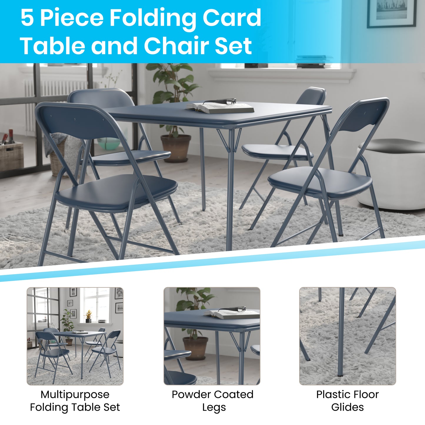 5PC Navy Fold Card Table Set JB-1-NV-GG