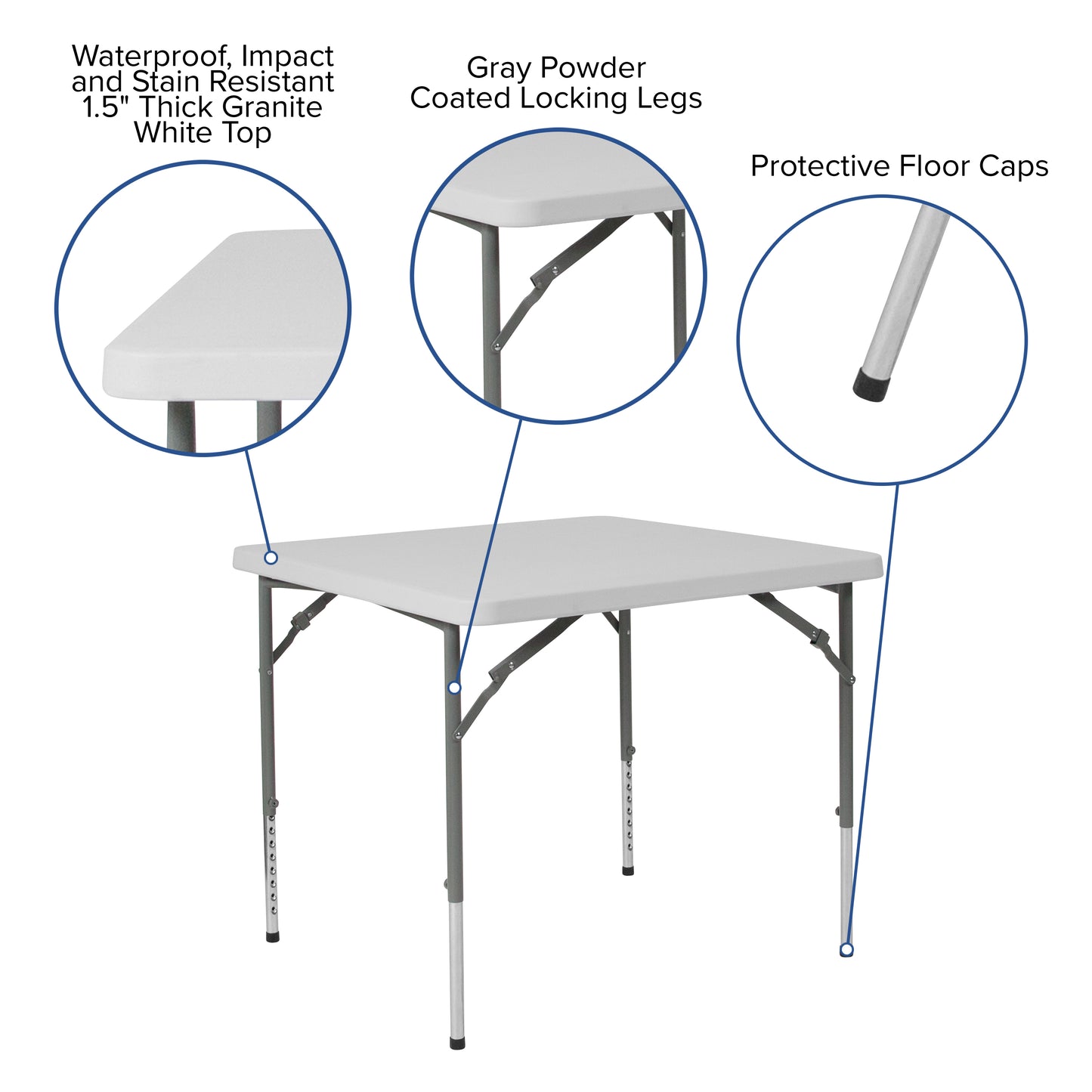 34SQ White Plastic Fold Table RB-3434ADJ-GG