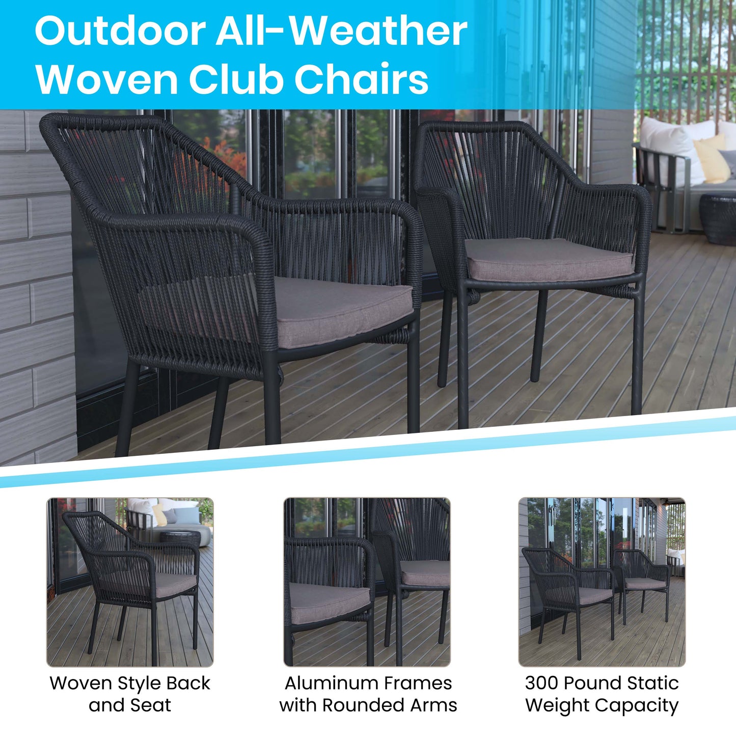 Set of 2 All-Weather Club Chairs with Arms - Stacks up to 6 Chairs High