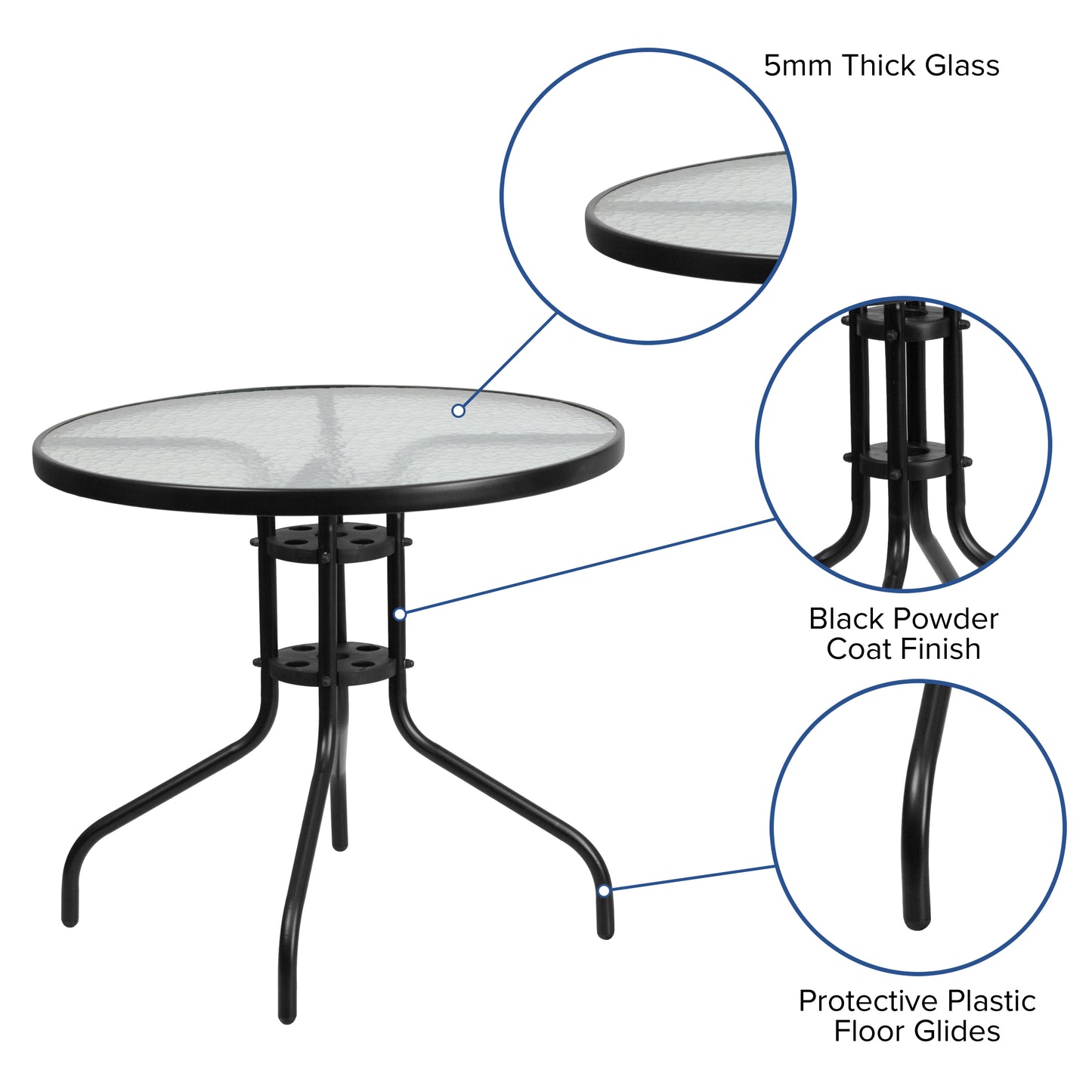 31.5RD Glass Black Patio Table TLH-070-2-GG