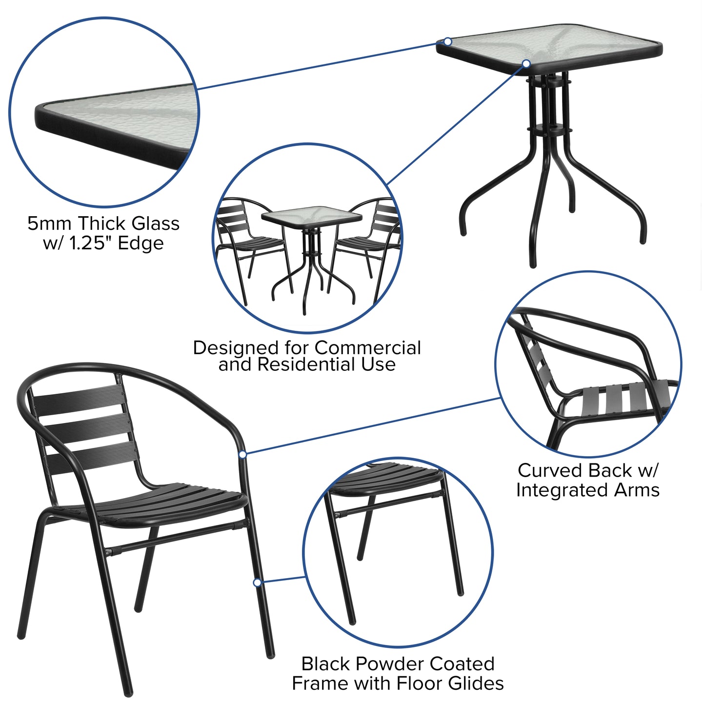 23.5SQ Black Patio Table Set TLH-0731SQ-017CBK2-GG