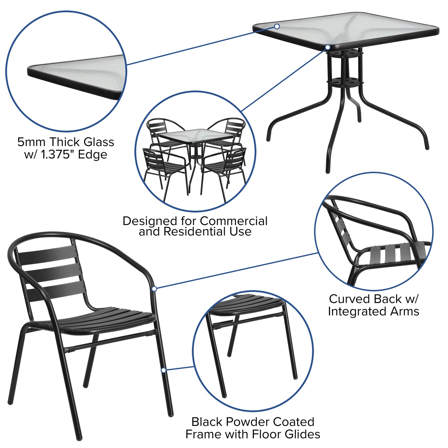 31.5SQ Black Patio Table Set TLH-0732SQ-017CBK4-GG