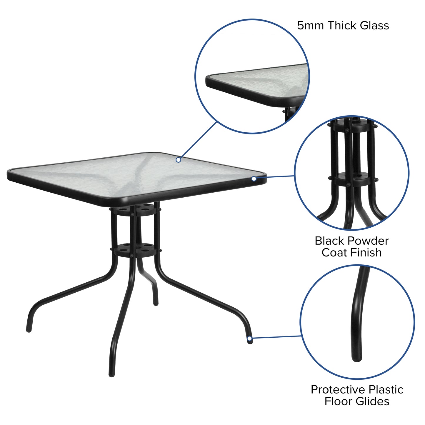 31.5SQ Glass Black Patio Table TLH-073A-2-GG