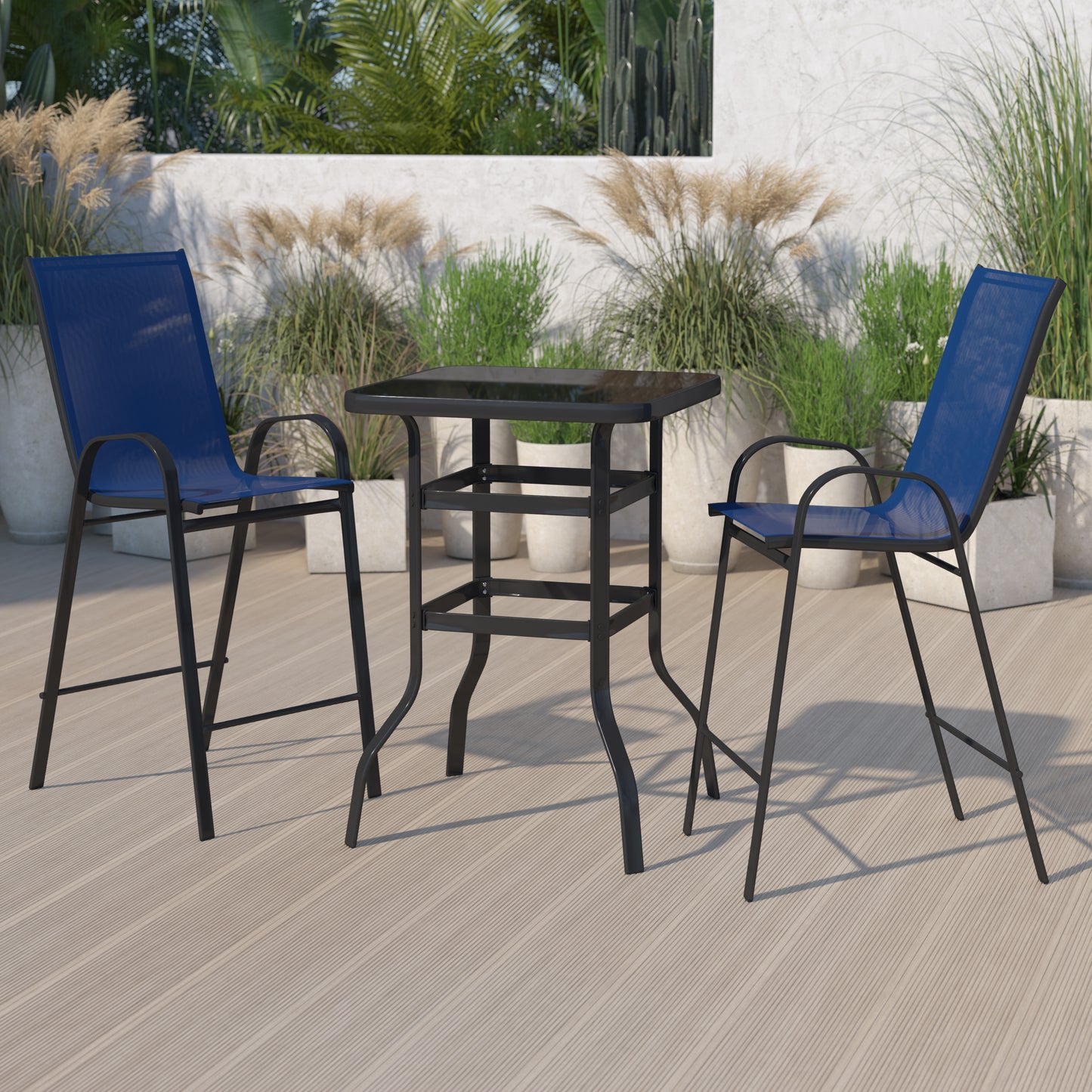 Navy Glass Bar Patio Table Set TLH-073H092H-NV-GG