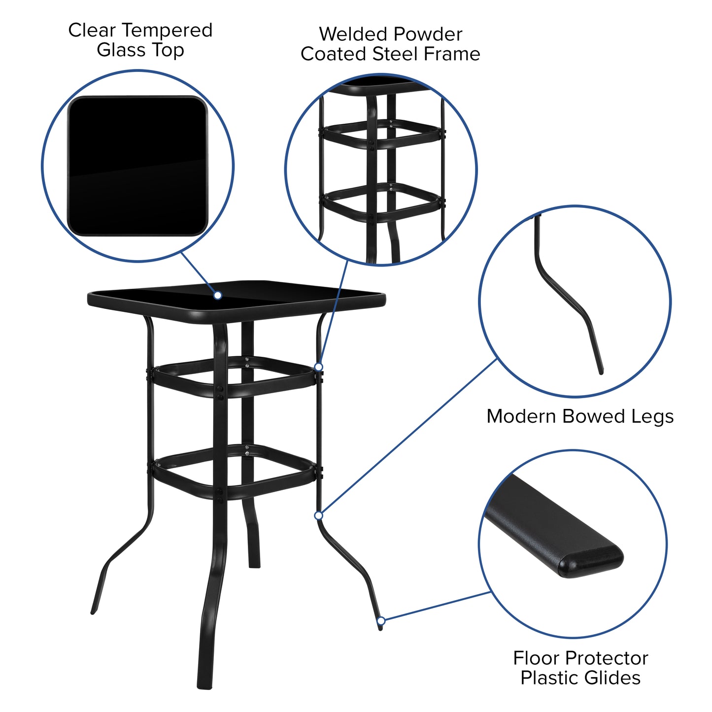 Navy Glass Bar Patio Table Set TLH-073H092H-NV-GG