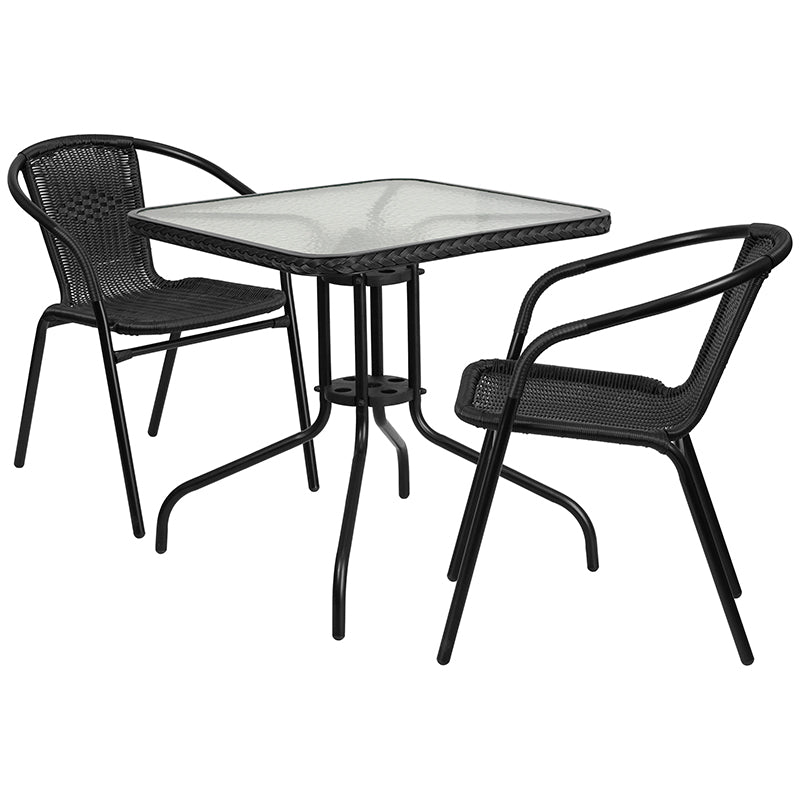 28SQ Black Table Set w/Rattan TLH-073SQ-037BK2-GG