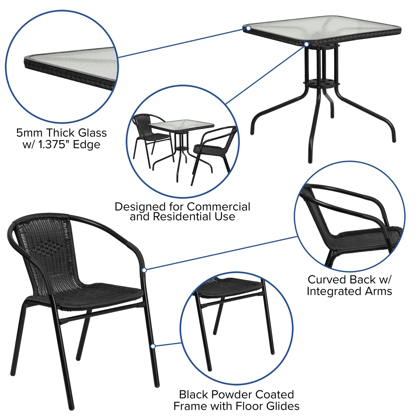 28SQ Black Table Set w/Rattan TLH-073SQ-037BK2-GG