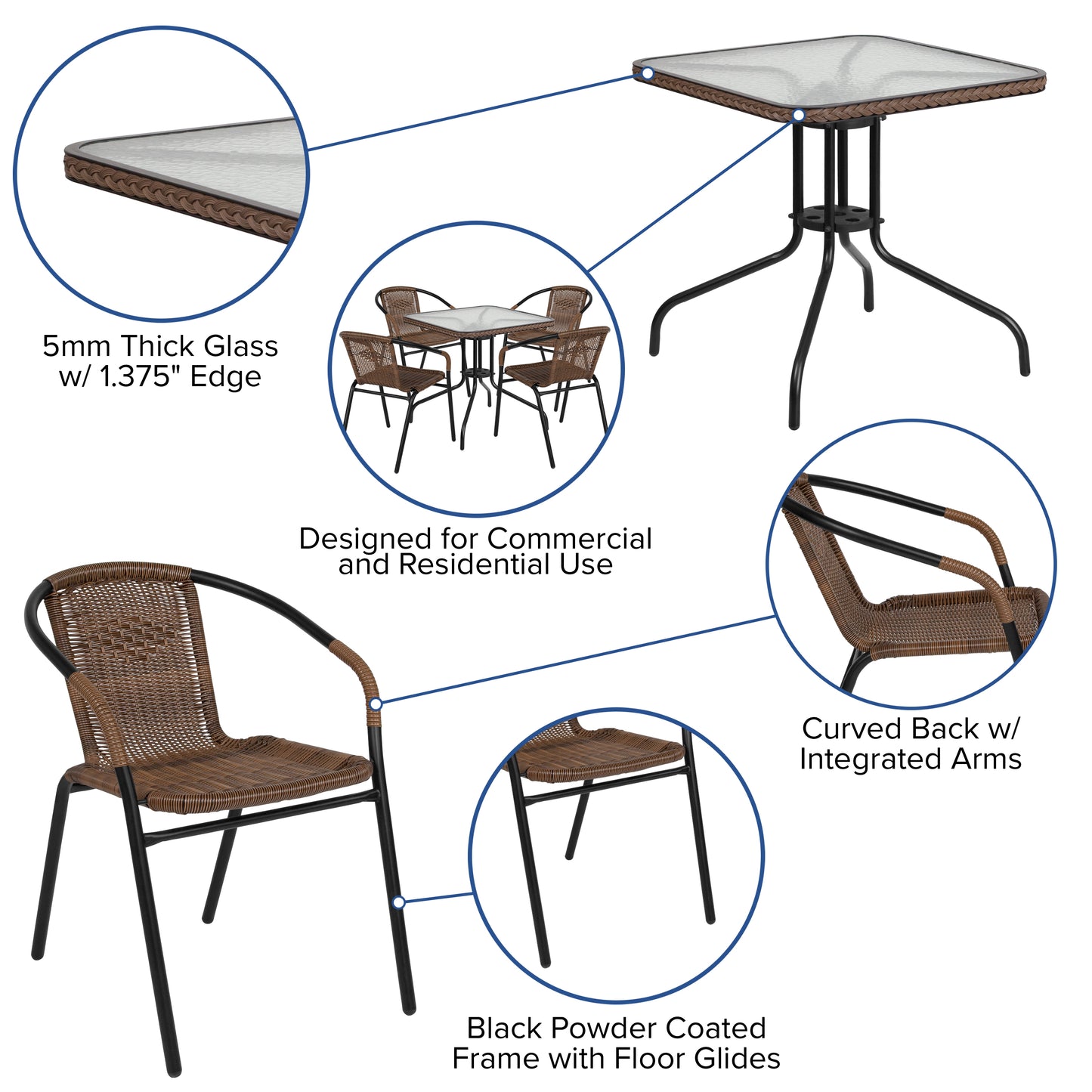 28SQ Brown Table Set w/Rattan TLH-073SQ-037BN4-GG