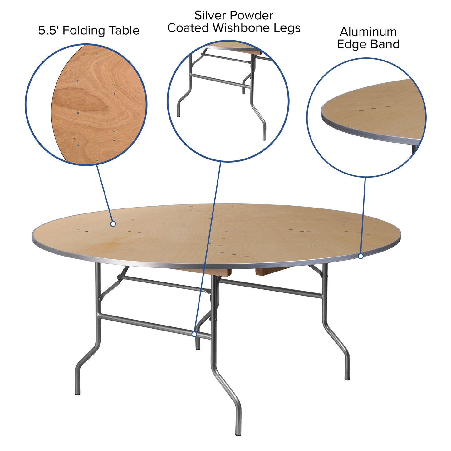 66RND Wood Fold Table-Met Edge XA-66-BIRCH-M-GG