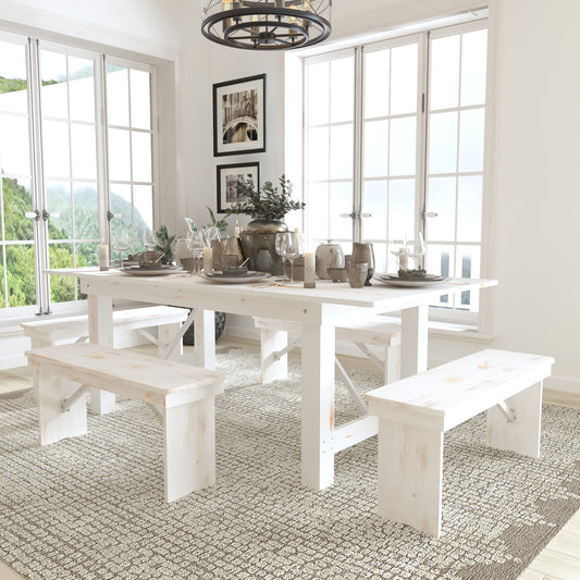 7'x40" White Table/4 Bench XA-FARM-1-WH-GG