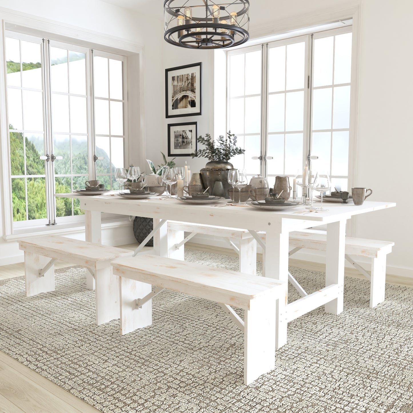 8'x40" White Table/4 Bench Set XA-FARM-2-WH-GG