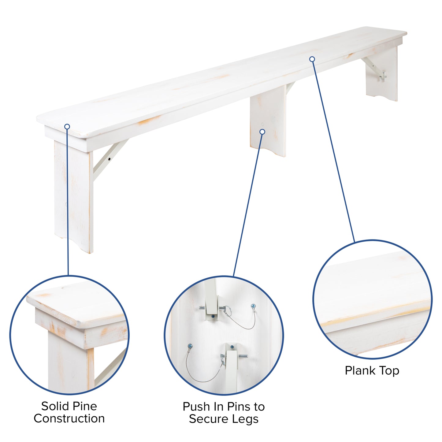 8'x40" White Table/2 Bench Set XA-FARM-4-WH-GG