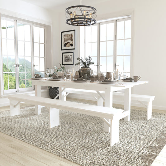 8'x40" White Table/2 Bench Set XA-FARM-4-WH-GG