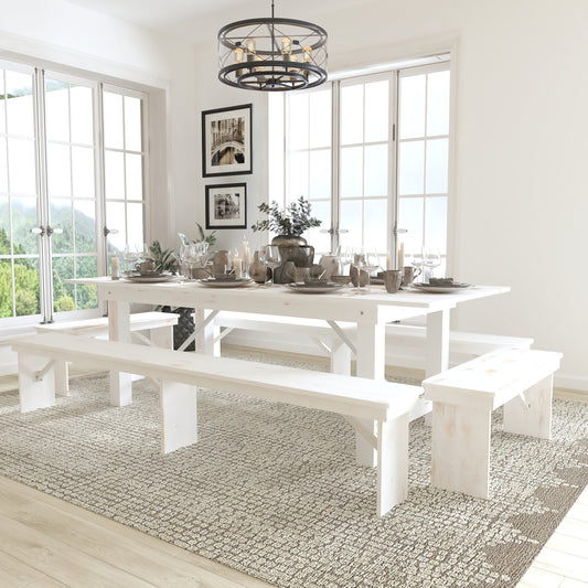 8'x40" White Table/4 Bench Set XA-FARM-5-WH-GG